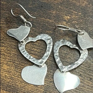 Sterling Silver 925 Stamped Triple Heart Dangling Earrings